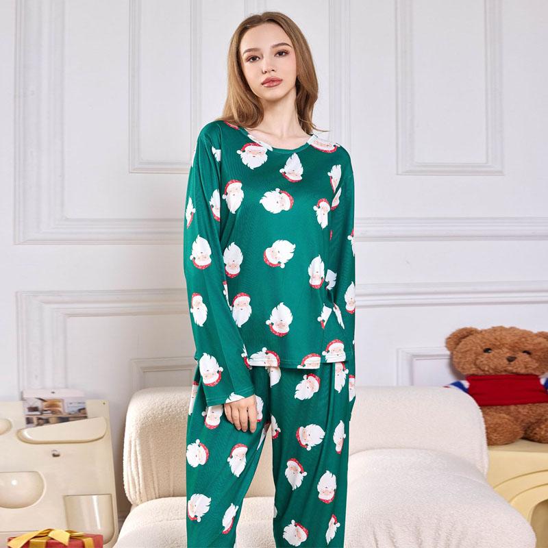 

Sleepwear Women Cartoon Printing Santa Claus School Pyjamas Two-Piece Set Long-Sleeved Trousers Christmas Home Wear L зелёный