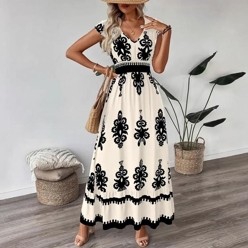 2025 European and American V-neck Waist-Cinching Summer Print Long Dress for Women