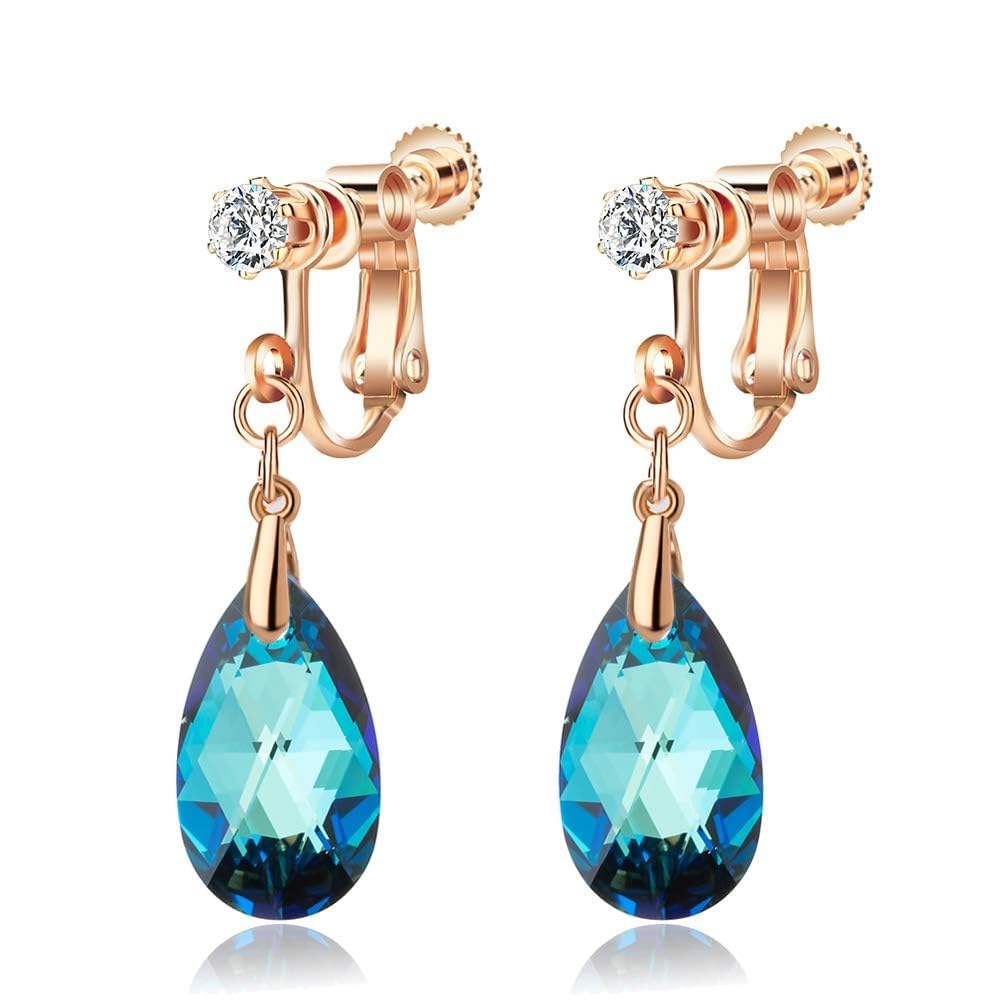

CHLOEOS Earrings for Austrian 18k Day Gift Women, Popular, Non-Pierced Earrings, Droplet, Delicate, Crystal, Gold, Adult, Cute, Swinging, синій
