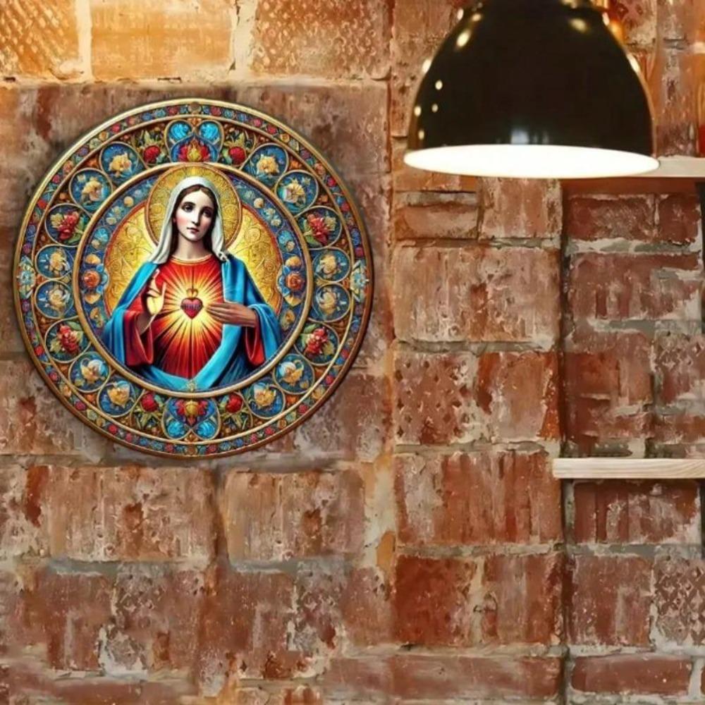 Vintage Sacred Heart of Jesus Round Aluminum Metal Sign Religious Wall Art Christian Decor Virgin Mary Floral Stars