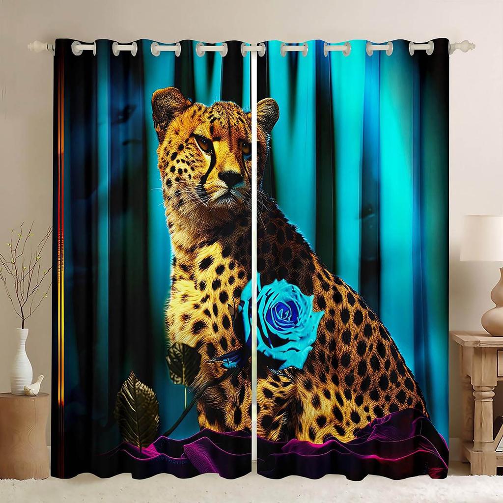 Retro Colorful Rose Animal Lion Print Curtains Living Room Study Children's Room Decorative Curtains Easy To Wash And Care 2PCS
