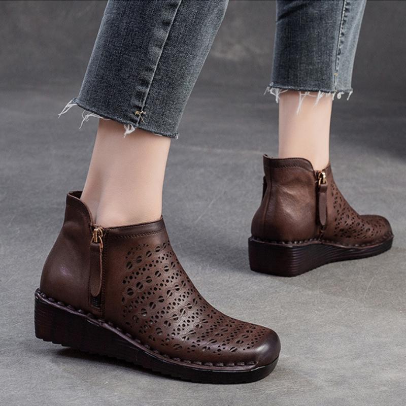 Johnature Genuine Leather Breathable Hollow Out Boots Retro Versatile Comfortable Women's Wedges Shoes