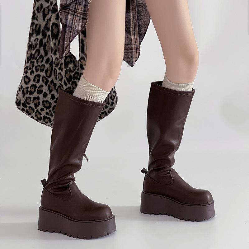 Fashion heightening platform leather boots Internet celebrity explosion boots women's autumn and winter retro versatile solid color thin fashion boots