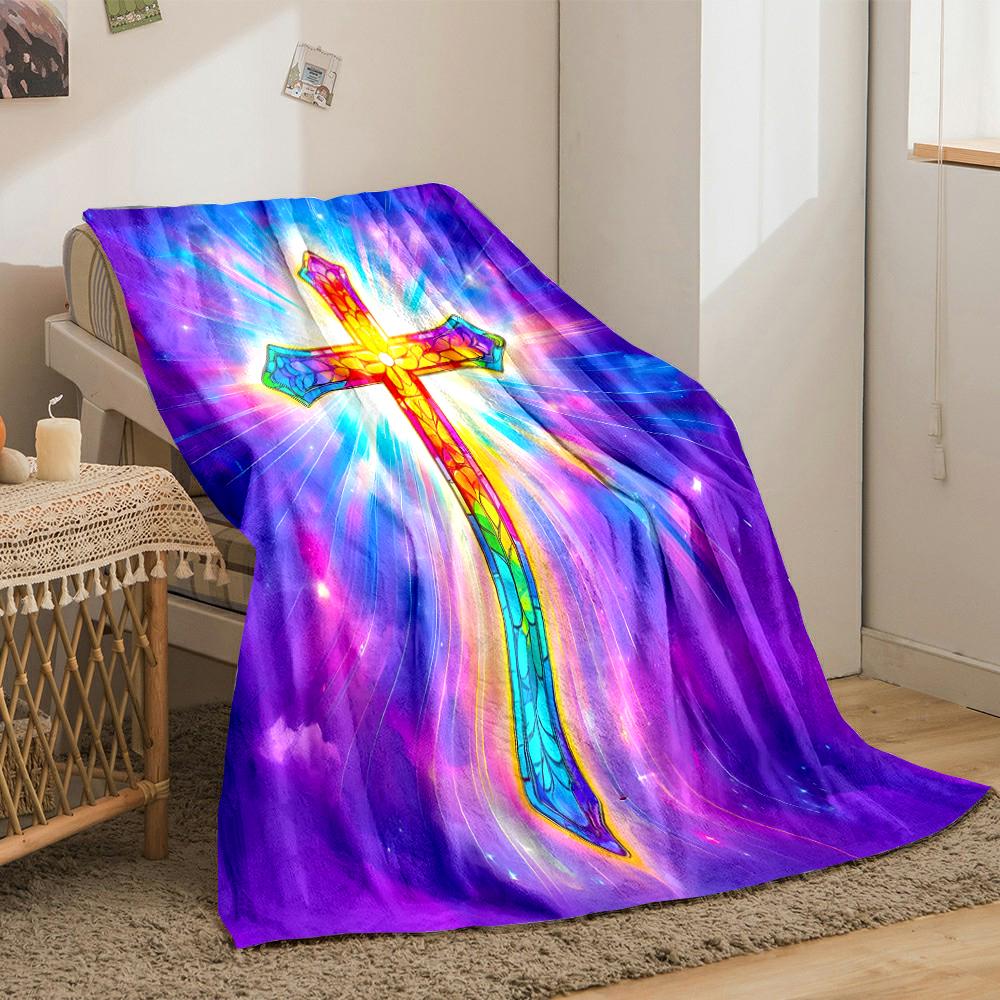 Rainbow Stained Glass Cross BlanketFlannel blanket for bedroom, living room, sofa, and nap