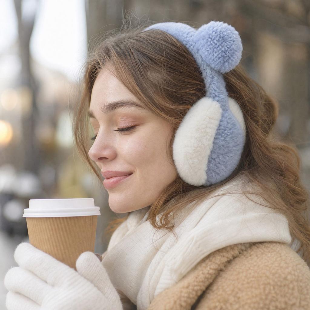 Winter Plush Earmuffs with Bear Ear Design, Warm Ear Covers for Cold and Outdoor