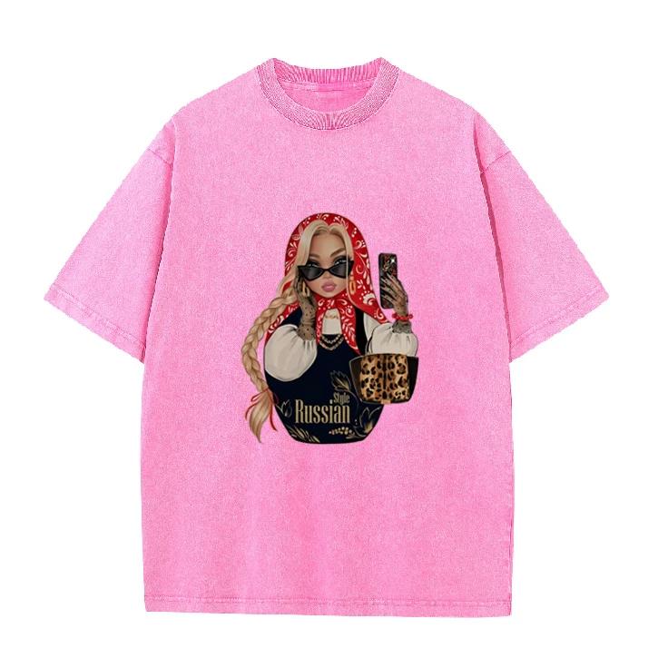 Fashion Russian Style Babushka Doll Print T-shirt Vintage Washed Casual Loose Short Sleeve Streetwear Tops