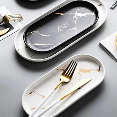 Marble Texture Nordic Marble Tray Porcelain Material Glazed Golden Pattern Western Dish Oval Shape Luxury Design