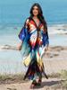 EDOLYNSA 2024 Plus Size Colorful Butterfly Printed Hand-knit V Neck Casual Kaftan Women House Dress Summer Beachwear Swimsuit Cover Up Q1634