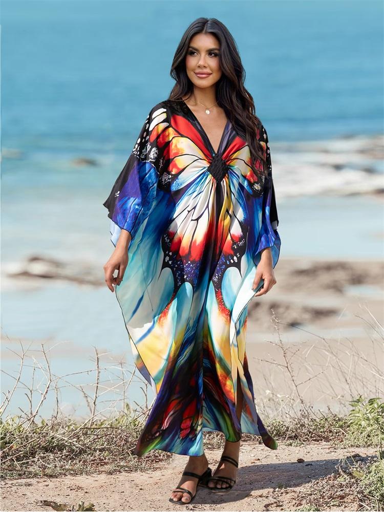 EDOLYNSA 2024 Plus Size Colorful Butterfly Printed Hand-knit V Neck Casual Kaftan Women House Dress Summer Beachwear Swimsuit Cover Up Q1634