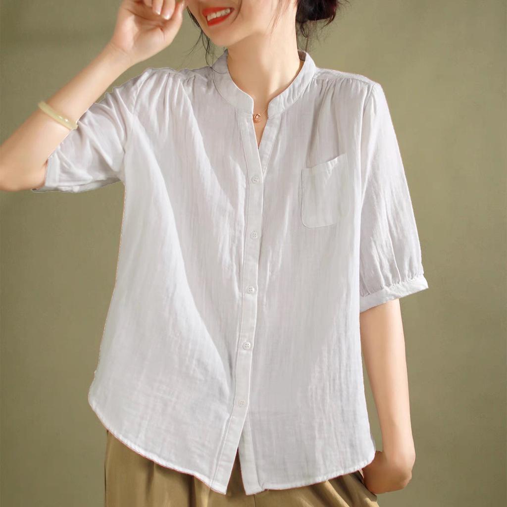 Fan basic solid color cotton short-sleeved shirt women's summer new loose and thin semi-open neck cardigan top
