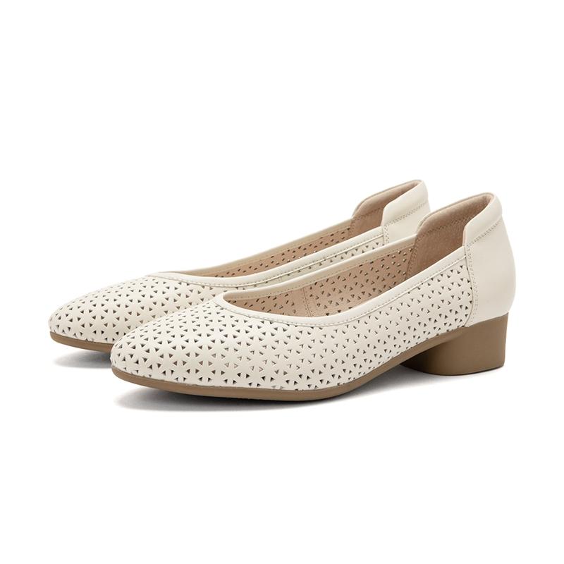 [Cowhide] Simple Chinese style single shoe with hollowed out thick heel, comfortable casual women's leather shoes, elegant wedding shoes