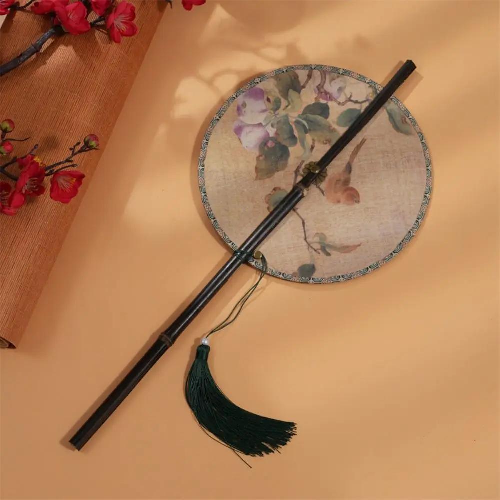 Retro Ancient Style Chinese Bamboo Waist Fan Rollable Foldable Long Handle Fan Decorative Cooling Group Fan Hanfu