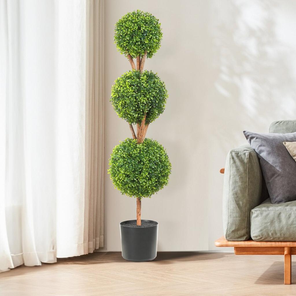 Artificial Topiaries Boxwood Trees, 48 inch Tall (2 Pieces), 3 Ball-Shape Faux Topiaries Plant with Planters, Green Feaux Plant w/ Replaceable Leaves