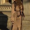 2025 Autumn Satin Flared Sleeve Shirt & Bodycon Skirt Set for Women