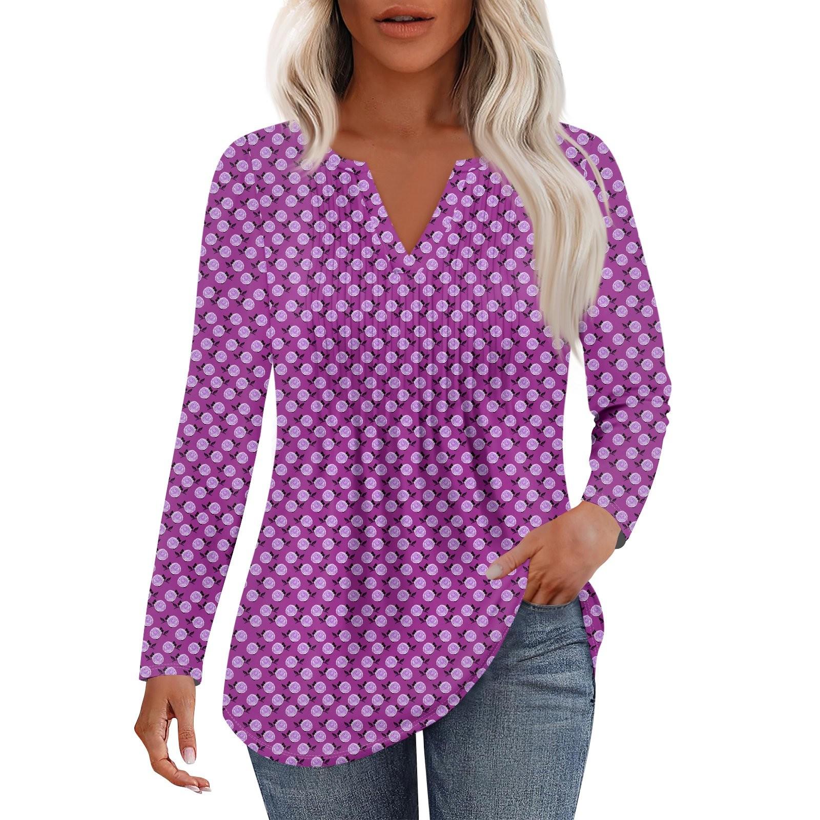 

Женская Мода Повседневная Плиссированная Футболка с V-образным Вырезом Однотонная с Длинным Рукавом Элегантные Топы S фиолетовый