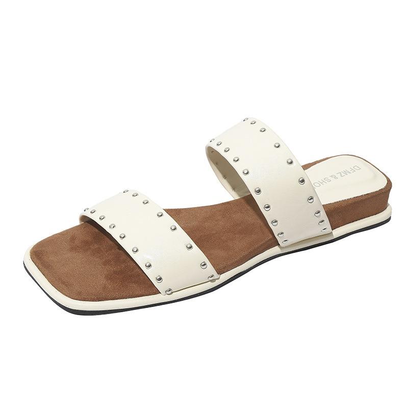 Retro rivets one word with small slope heels slippers women's summer wear seaside vacation casual beach sandals