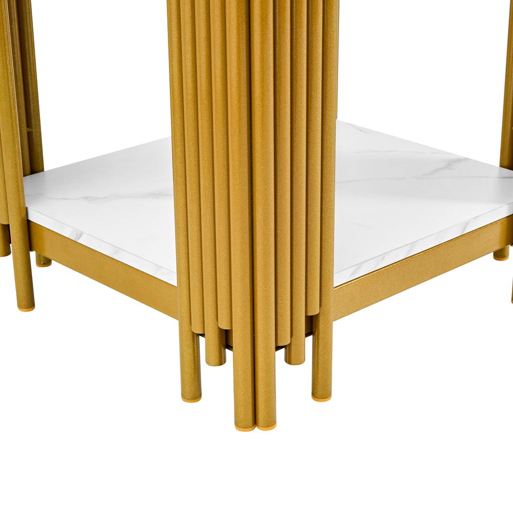 Nightstand with 2 Shelves, Gold Metal Frame with Glitter Effect, Marble Look, MDF for Bedroom, Living Room and Hallway, White & Gold-H55/W43/D40 cm