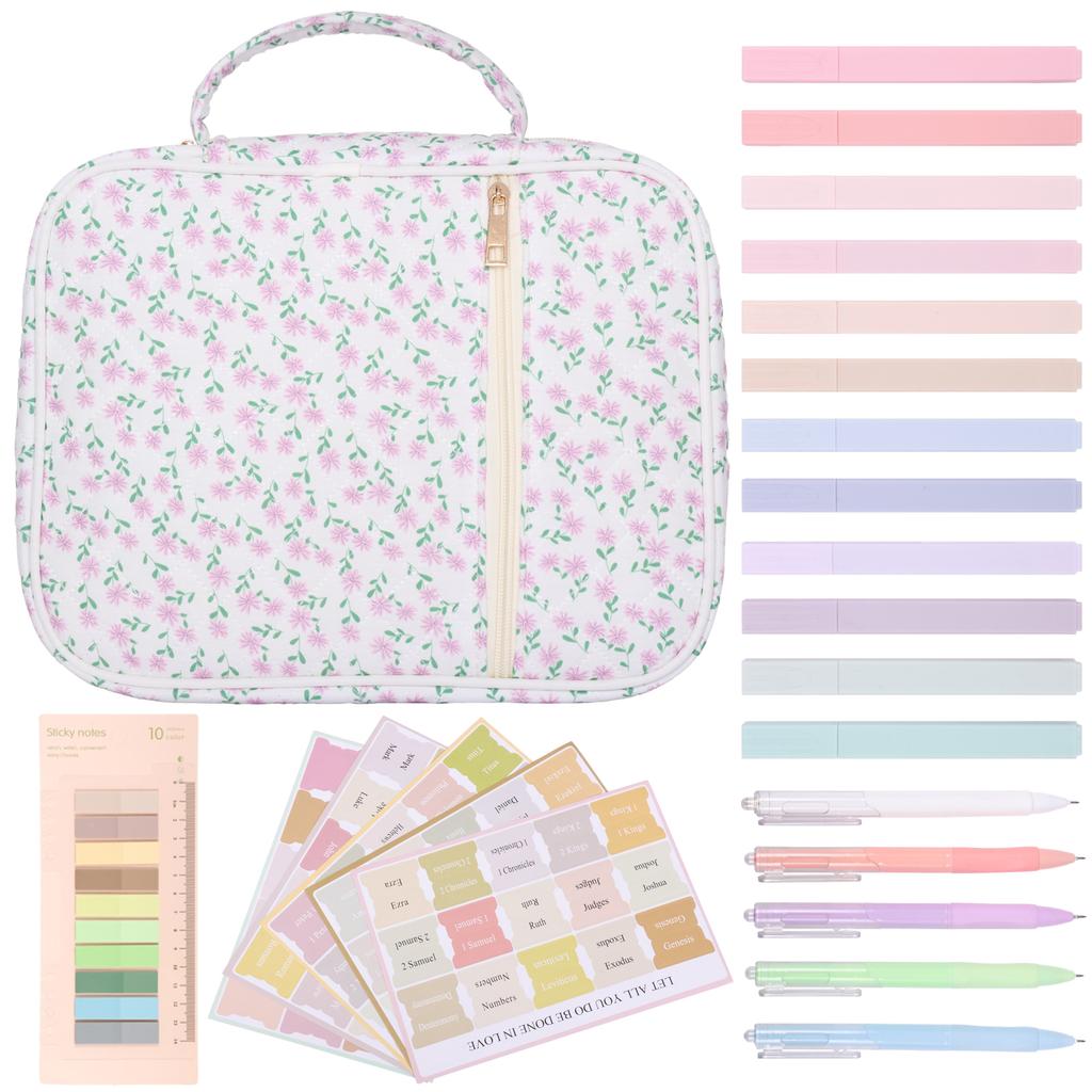 Bible Cover Case for Women Large Bible Cover Bag Study Supplies Journaling Kit Book Carrying Case with Highlighter Christian