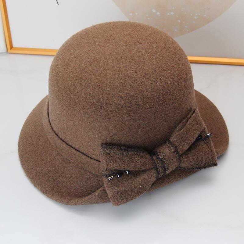Autumn and winter hat women's thermal basin hat retro round top hat elegant bow fashion wool British fisherman hat