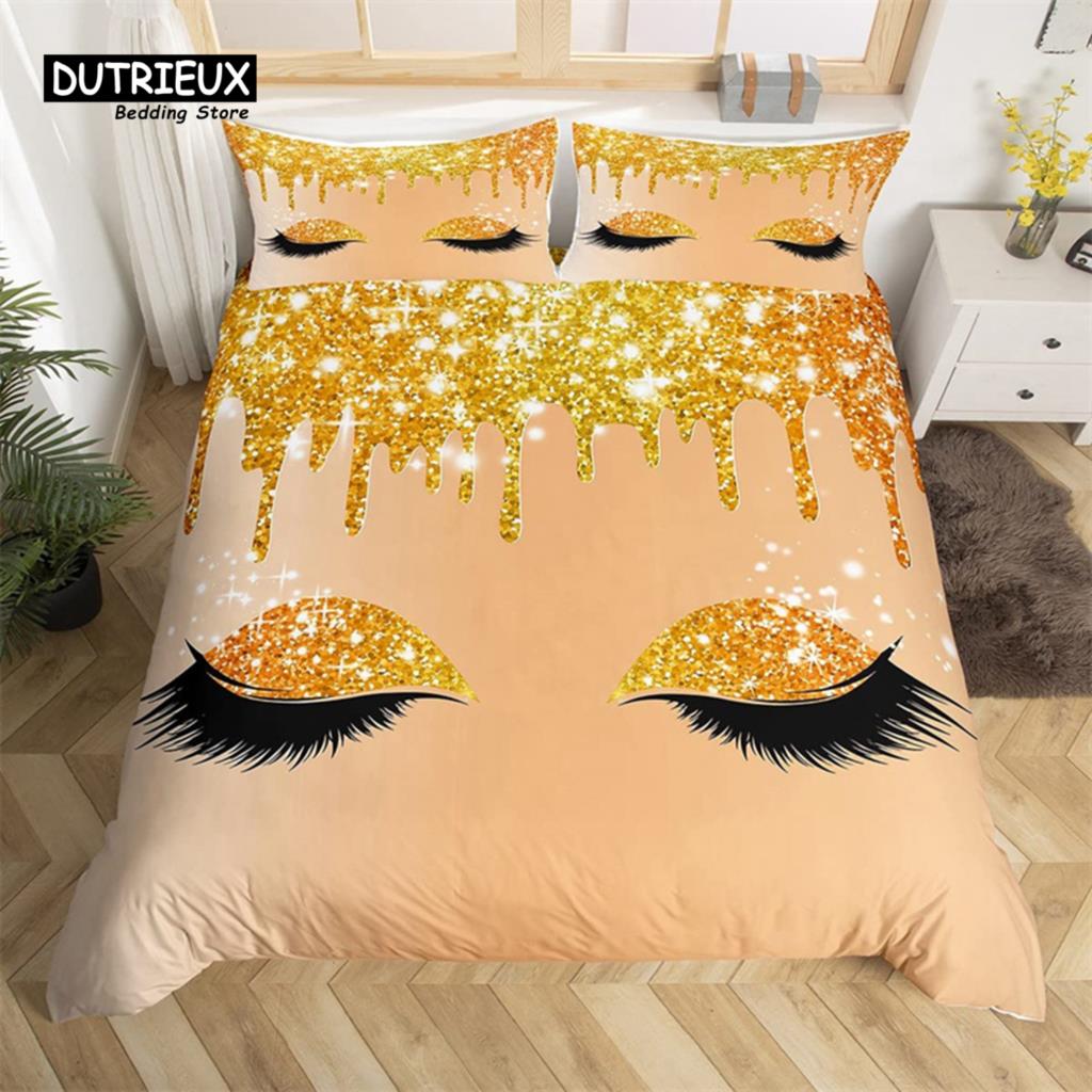 Eyelash Duvet Cover Set Eyes Pattern Design Comforter Cover Microfiber Girly Priness Style Glitter Twin King Queen Bedding Set