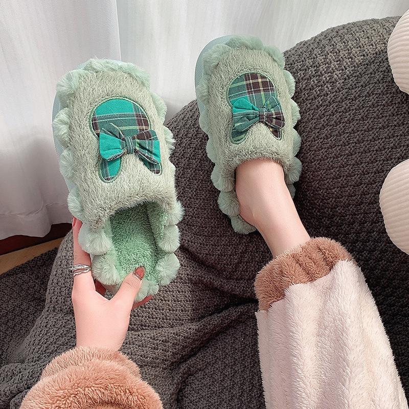 2025 new autumn and winter plush bow cotton slippers women's plush thickened non-slip warm can be worn outside women's cotton mop