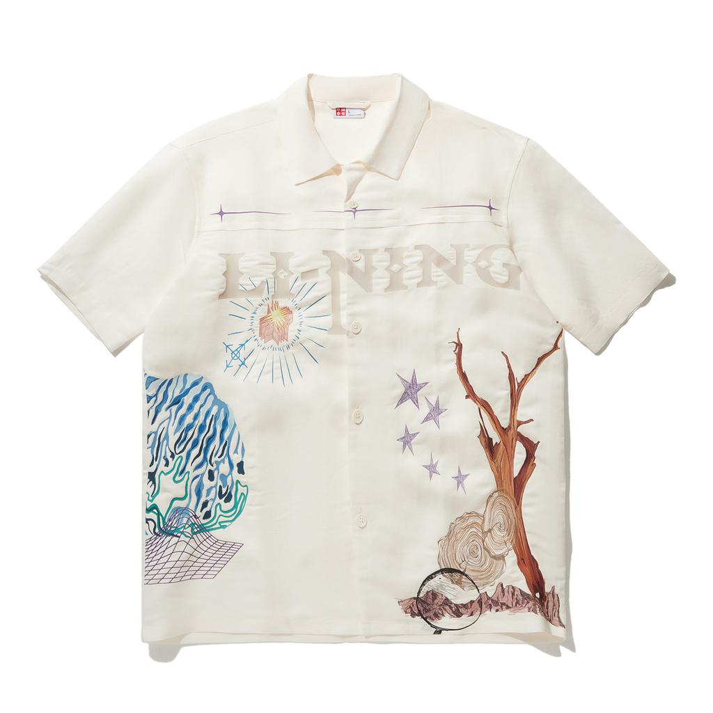 Li Ning Reignite Series Letter Print Single-Breasted Collar Loose Short Sleeve Shirt Unisex Shirts Off-White ASHU047-3