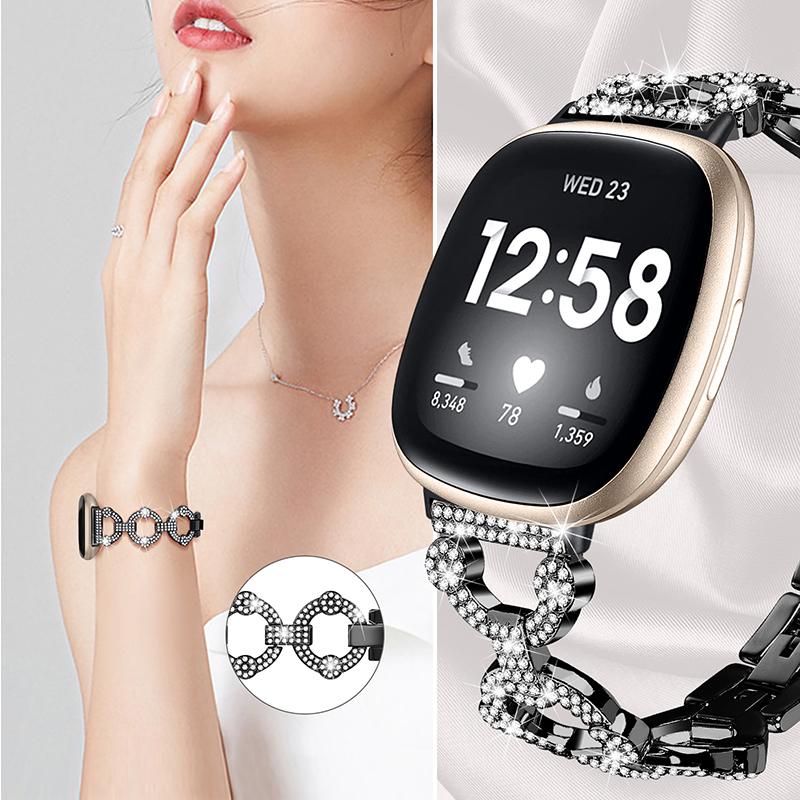 

For Fitbit Versa 3/Sense Rhinestone Decor Watch Band Ring Shape Replacement Bracelet Women Dressy Jewelry Wristband Strap Black
