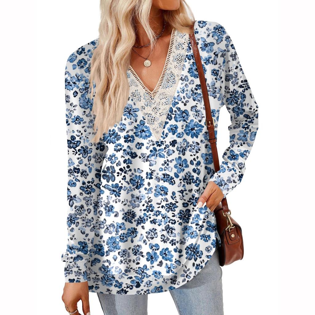 Womens Tops Loose V-neck Contrast Color Split Loose Long Sleeve T-shirt Women's Tops