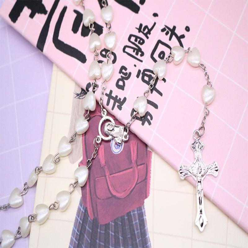 Perlen Rosenkranzperlen Rosenkranz Halskette Katholische Gebet Rosa Weiß Perle Liebesherz Christus Gebet Rosenkranz Halskette Schmuck