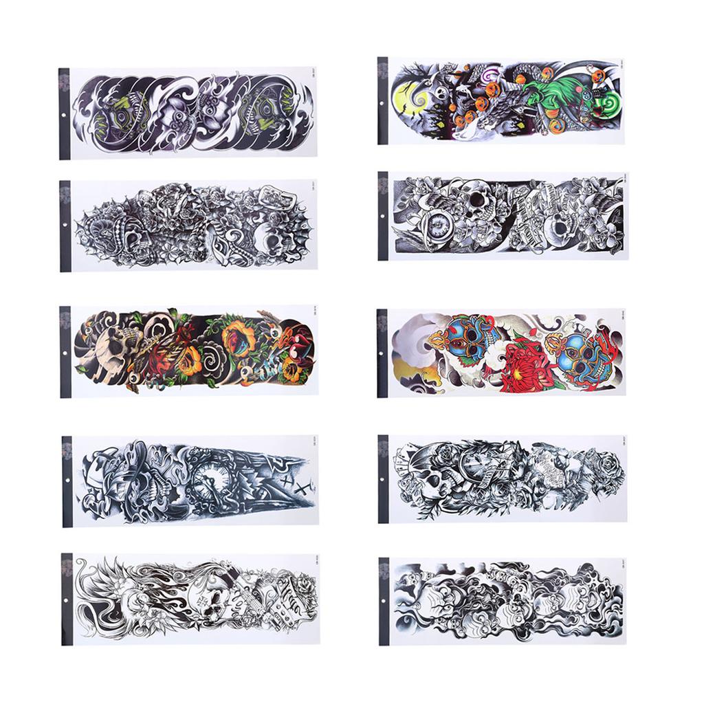 10pcs Fake Tattoo Stickers Temporary Waterproof Skull Pattern Full Arm Tattoos for Halloween
