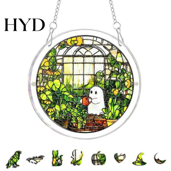 Ghost Themed Halloween Sign Acrylic Puzzle Decor, 2D Pumpkin Skeleton Hanging Sign, Faux Decoration Stained Glass Spooky for Party Home Stress Relief