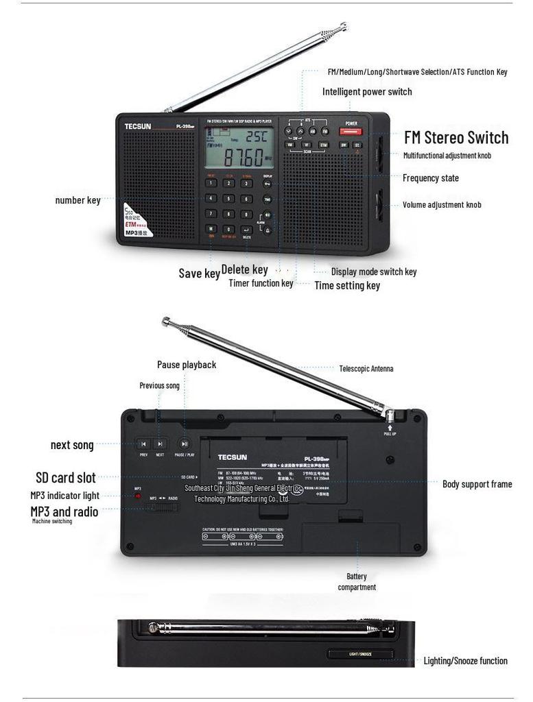 Tecsun PL-398MP Full Band Radio with MP3 Card Speaker for Elderly.
