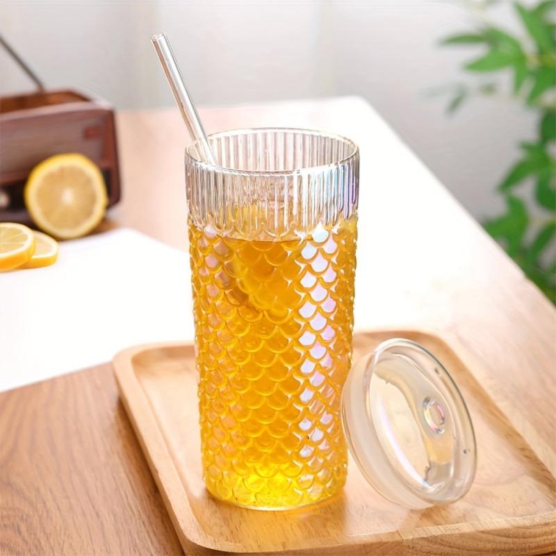 24OZ Creative Fish Scale Glass Straw Cup With Lid Transparent Glasses Mug Iced Coffee Cup For Juice Milk Tea Water Cup Drinkware