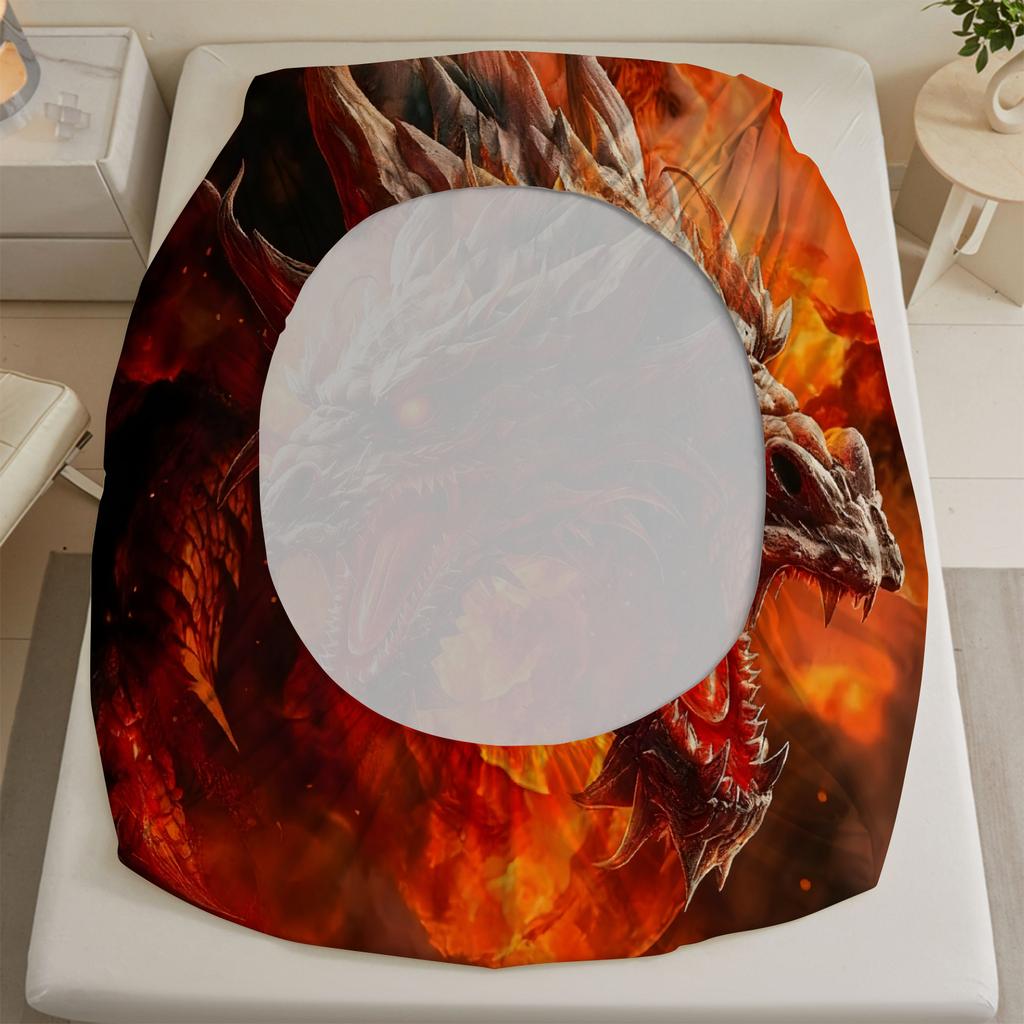 1pc Red Dragon Print Fitted Sheet 100% Polyester Durable Bedding Set Sheet for Home Bedroom Decoration Birthday Gift