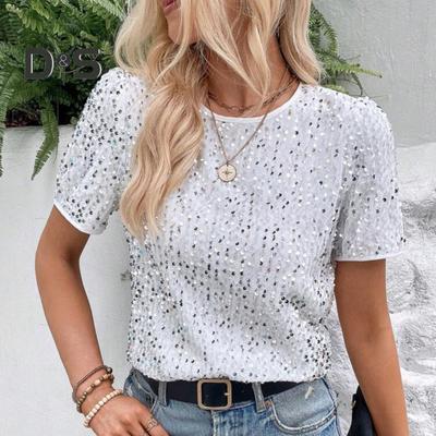 Top da donna Girocollo Manica corta T-shirt con paillettes lucenti Applicate Vestibilità regolare Maglietta Abbigliamento quotidiano