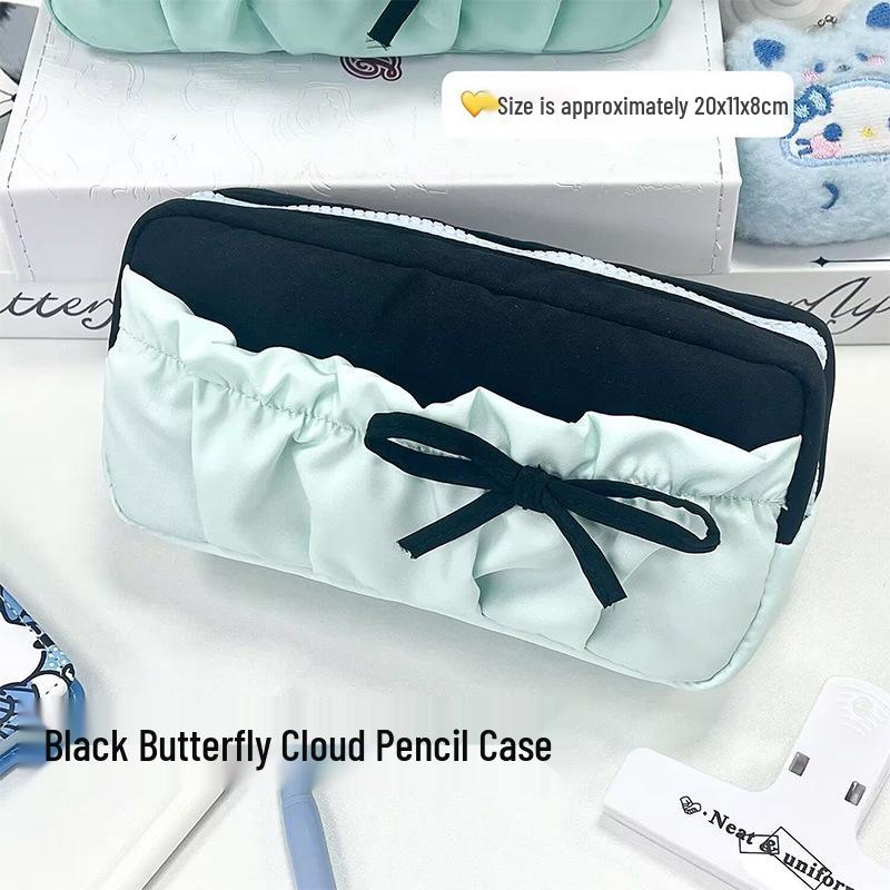 Black Butterfly Pencil Case with Sea Salt Design - Large Capacity Double Layer Stationery Bag for Girls