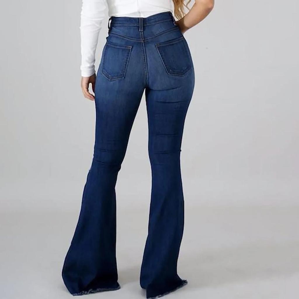 Plus Size High Stretchy Ripped Flared Jeans Zipper Fly Floor Length Casual Solid Color Daily Fashion Street Pants