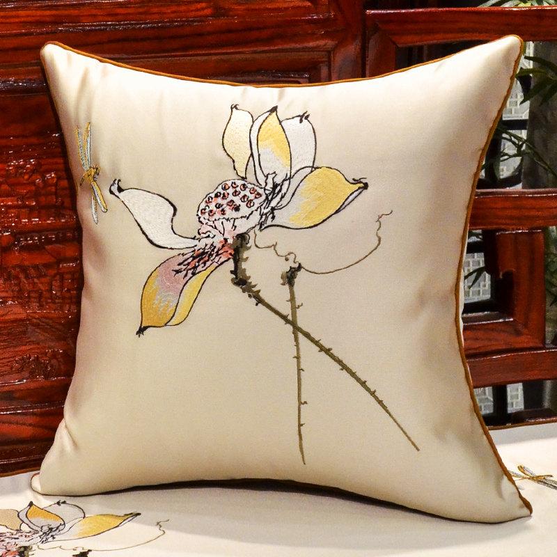 New Chinese-style Throw Pillows with Bird and Flower Embroidery Redwood Sofa Cushion Cover Large Cushion for Living Room Bed