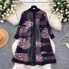 Contrast Color Printed Pleated Shirt Dress Women's Lapel Single Breasted 3/4 Sleeve Cardigan Dresss High-quality
