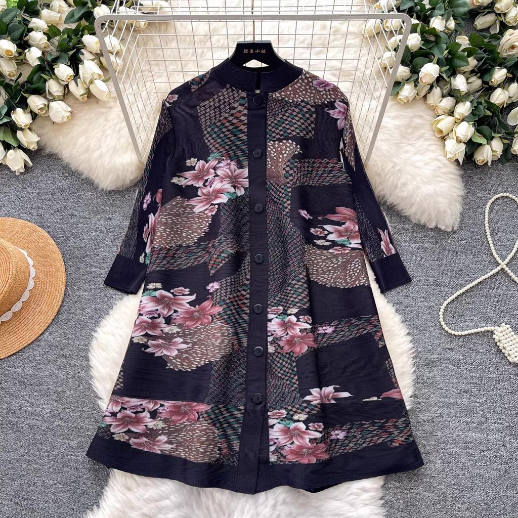 Contrast Color Printed Pleated Shirt Dress Women's Lapel Single Breasted 3/4 Sleeve Cardigan Dresss High-quality