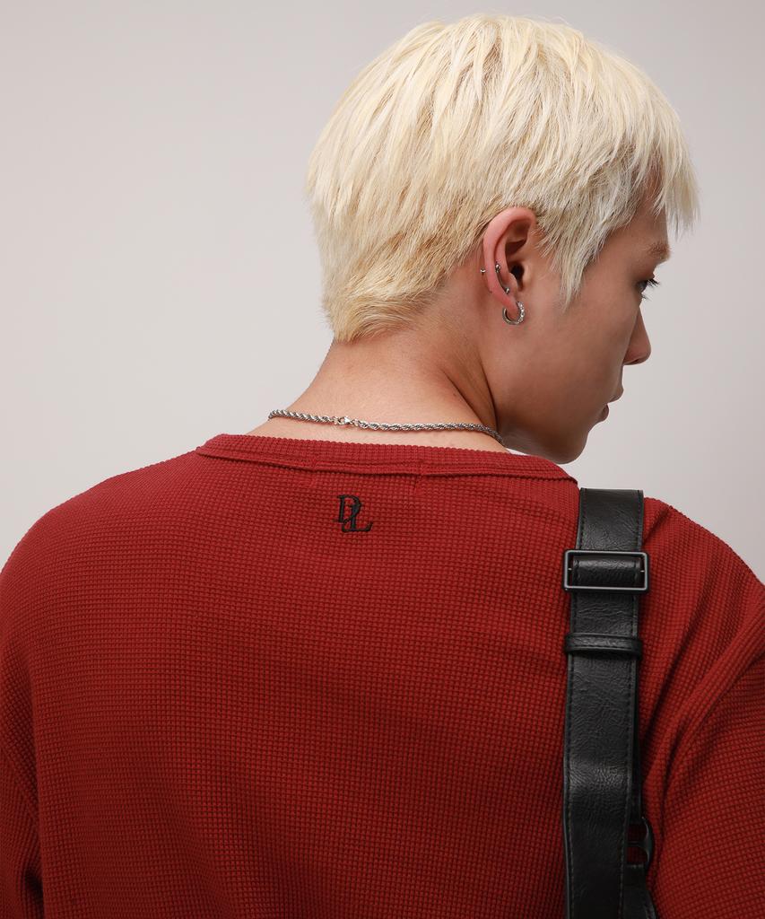 Dibellobeu Basic Henley Neck Waffle Long Sleeve_Burgundy