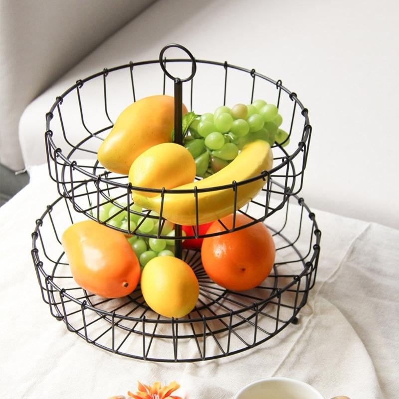 Nordics Wrought Iron Double Tiered Fruit Bowl For Kitchen Countertop Ventilated Storage Basket for Snacks Candy