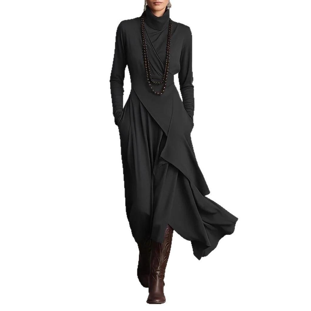 Women's Spring/Autumn High Neck Long Sleeve Solid Color Cross Dress, EU Size 2025.