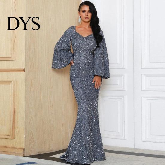 Long Dress Bell Sleeves Women Evening Sequin A-line Slim Fit Low-cut V Formal Occasion Gown Neck Maxi Mid Waist Back Zipper Closure Prom Slim-fit