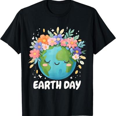 Camiseta del Día de la Tierra Linda Planeta Floral 2026 Verano Nuevo Cuello Redondo Camiseta con Estampado de la Tierra Mujer Harajuku Manga Casual Ropa Estética
