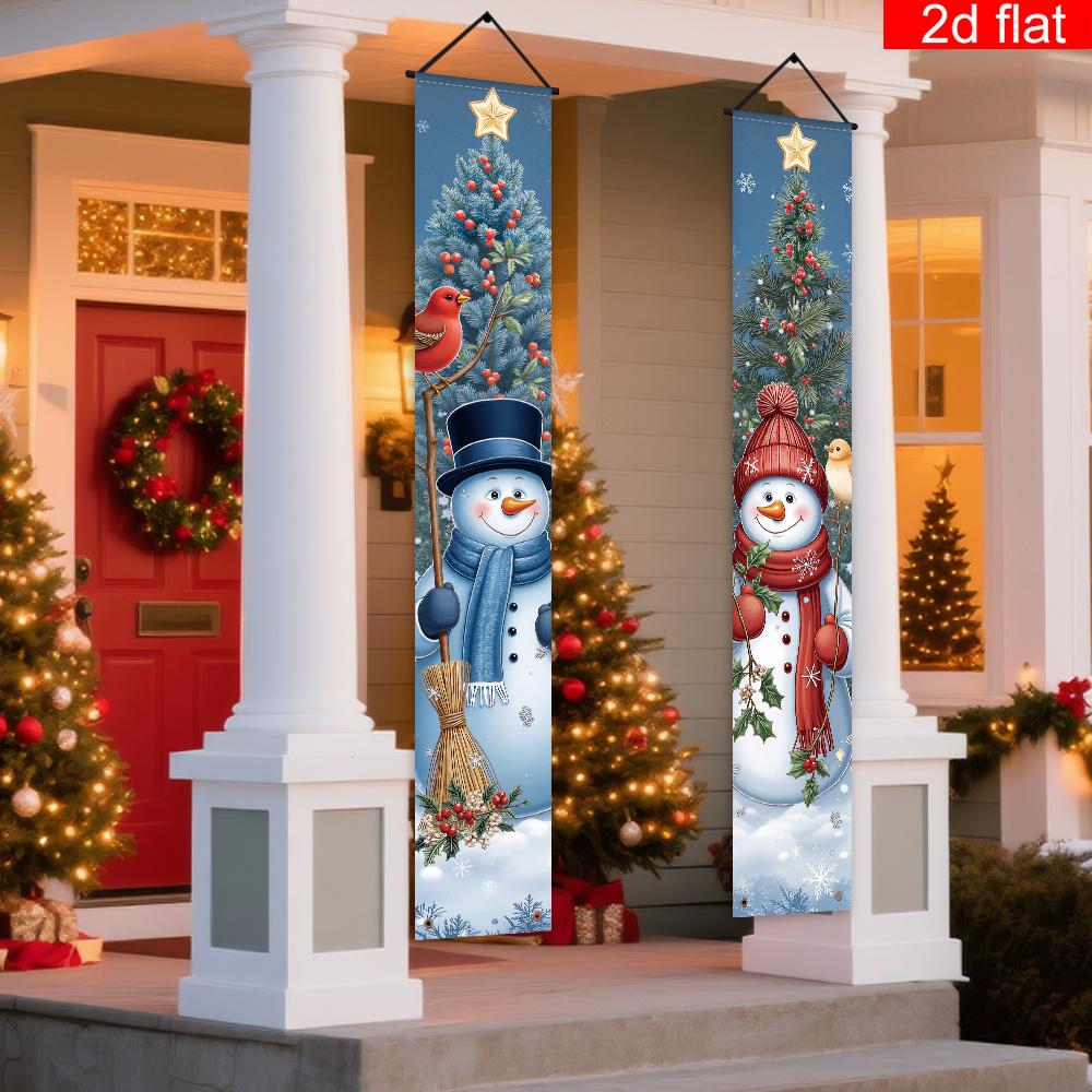 Merry Christmas Door Banner Couple Snowman Snowy Tree Scenes 1 Pair Indoor Outdoor Decor