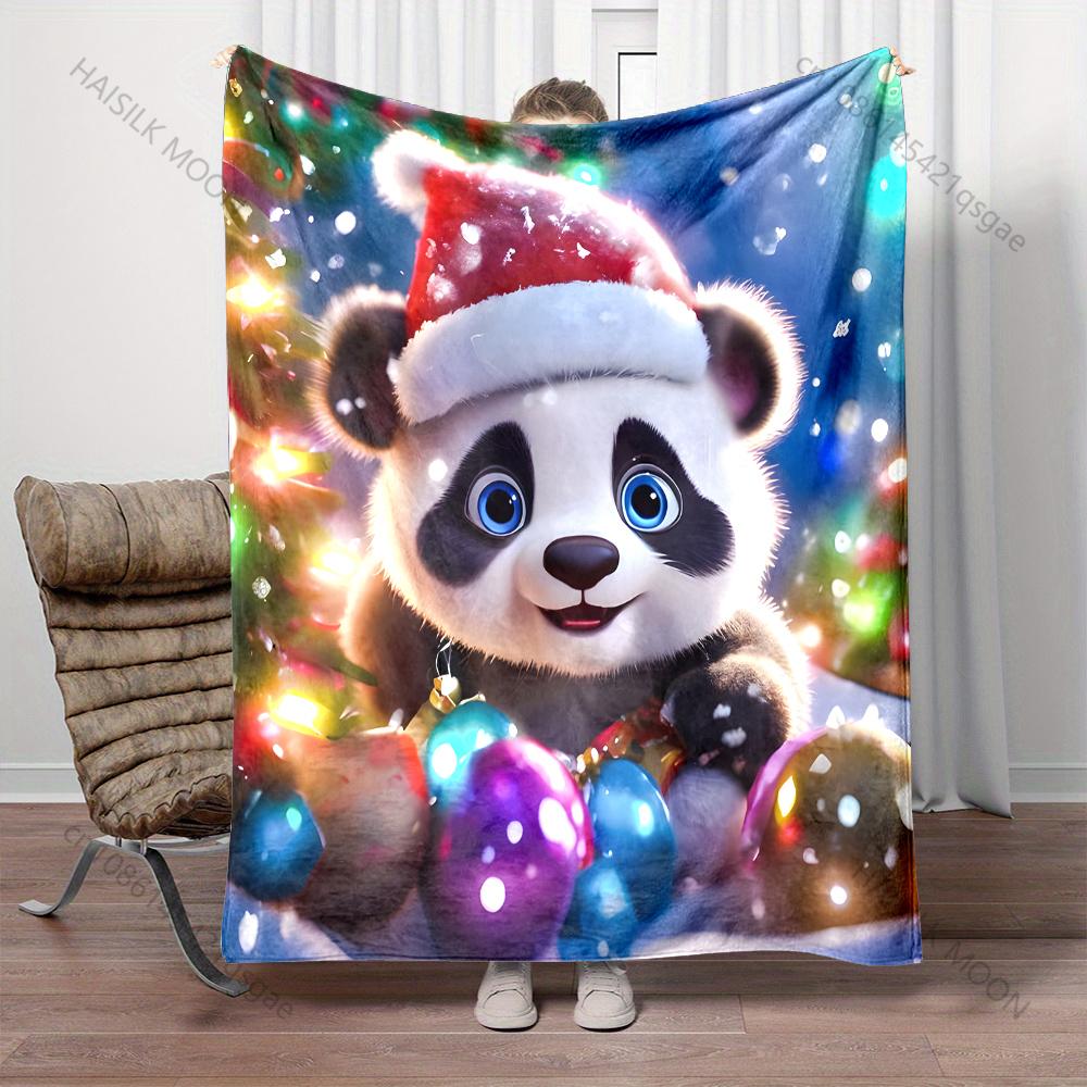 Panda Christmas Lights with Ornaments Pattern Blanket Flannel Material Soft Warm for All Seasons,For Home Camping Picnics RV