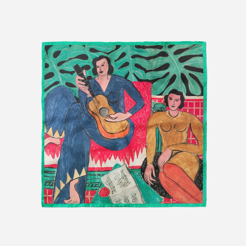 

53CM Twill Silk Scarf Woman Music Party Painting Square Scarves Wraps Bandana Small Hijab Silk Foulards Tie Headband Neckerchief 53X53CM