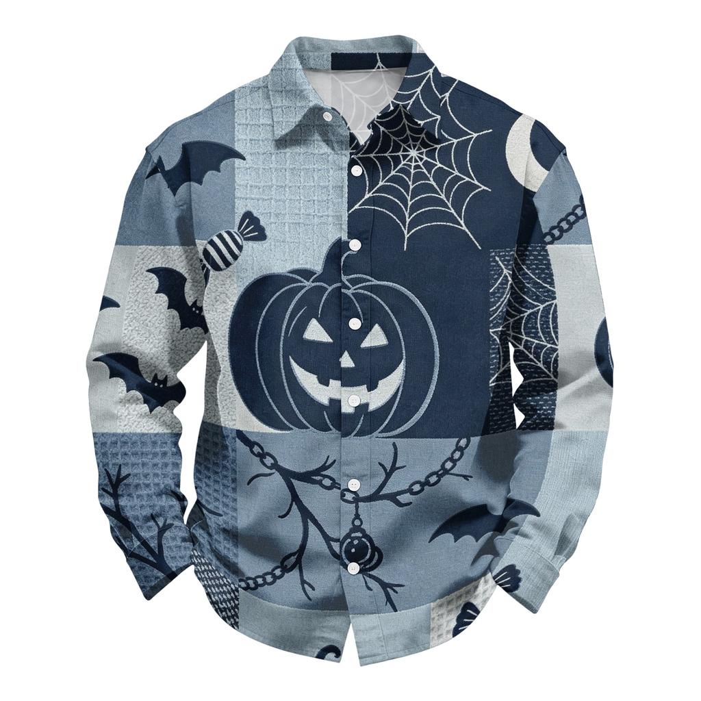 Men's Casual Long Sleeve Button Down Shirt Halloween Print Patchwork Design Lightweight Breathable Fabric Relaxed Fit
