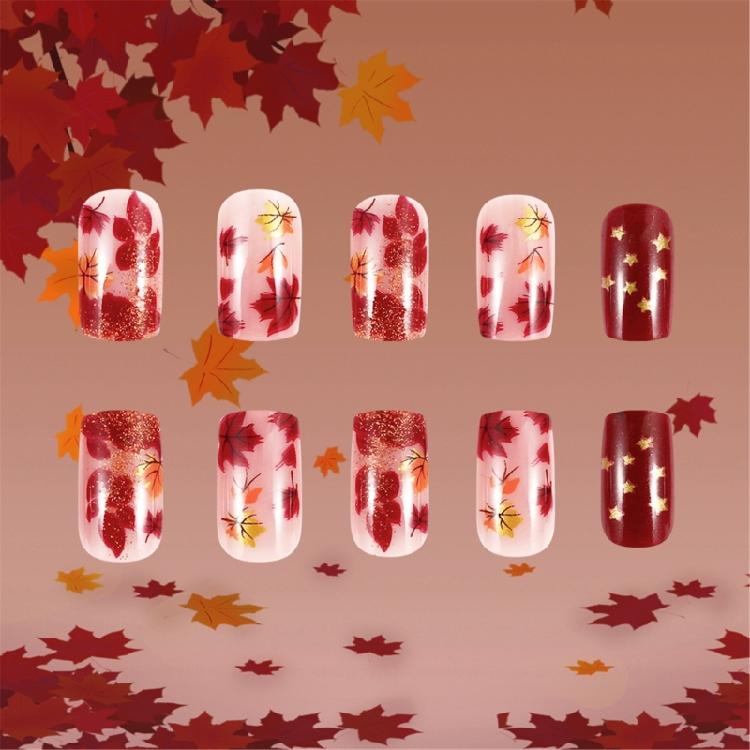 Thanksgiving Press On Nail 24pcs Maple Leaf Themed Short Square Holiday Artificial Acrylic Stick on Nail for Women